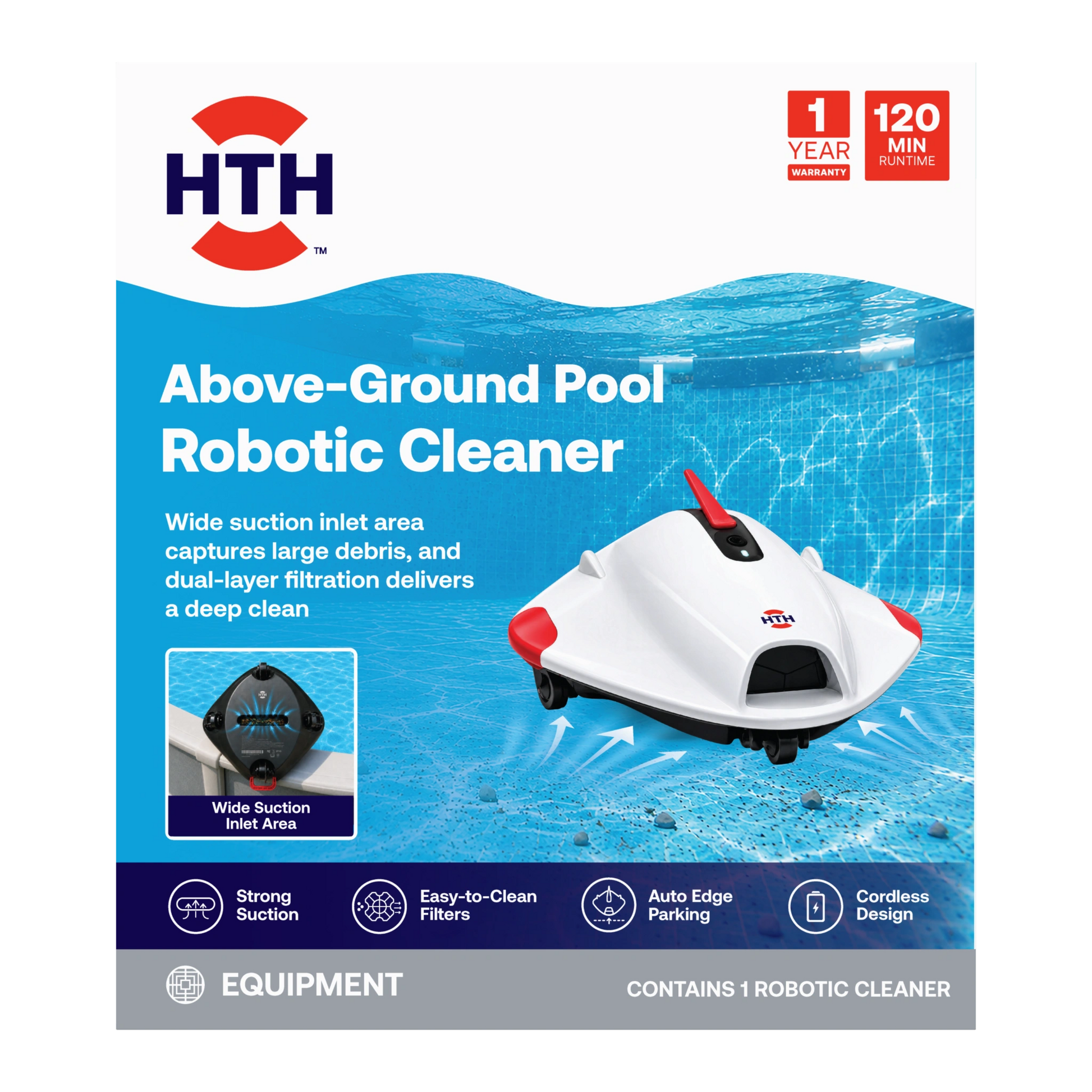 HTH Above-Ground Pool Robotic Cleaner retail packaging showing cordless robotic pool cleaner with wide suction inlet and dual-layer filtration.
