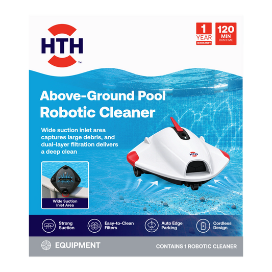 HTH Above-Ground Pool Robotic Cleaner retail packaging showing cordless robotic pool cleaner with wide suction inlet and dual-layer filtration.