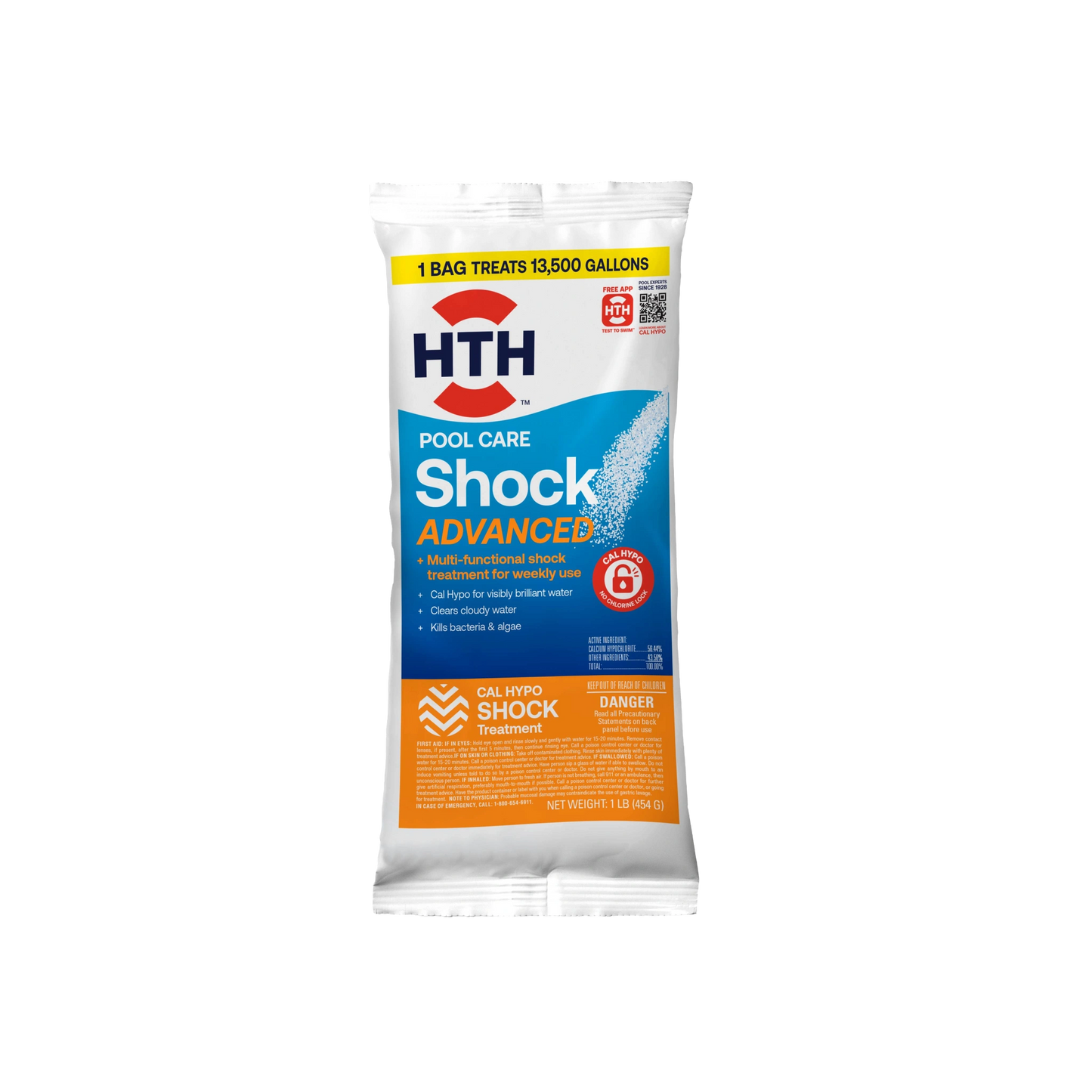 front of hth advanced pool shock treatment packet 1lb