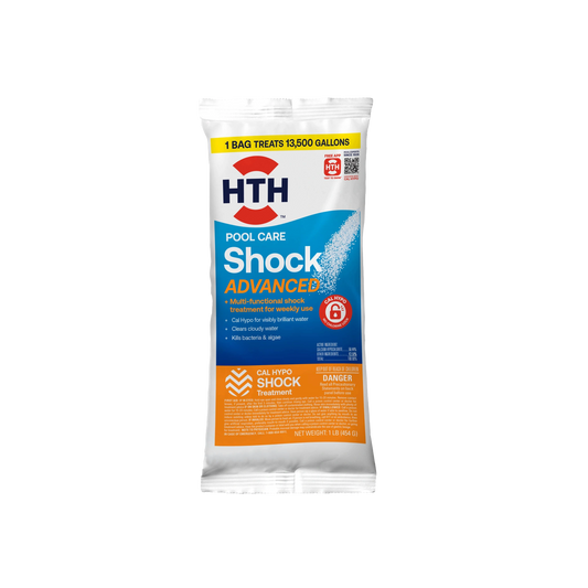 front of hth advanced pool shock treatment packet 1lb