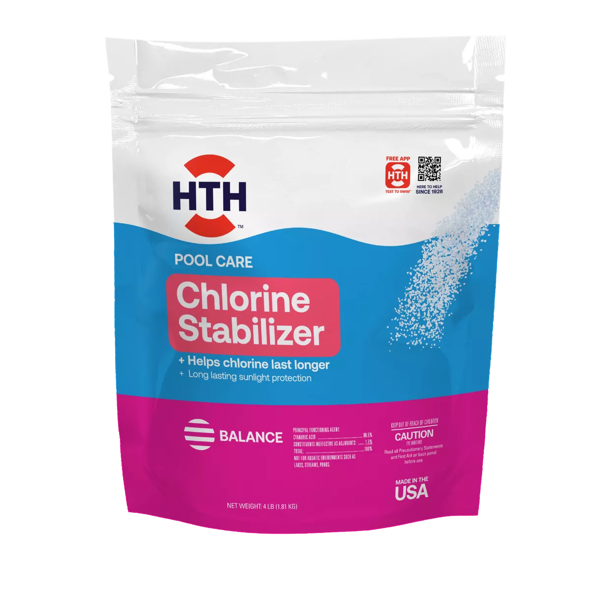 HTH Chlorine Stabilizer 4lb bag, used to protect chlorine from sunlight degradation and help it last longer in pool water.