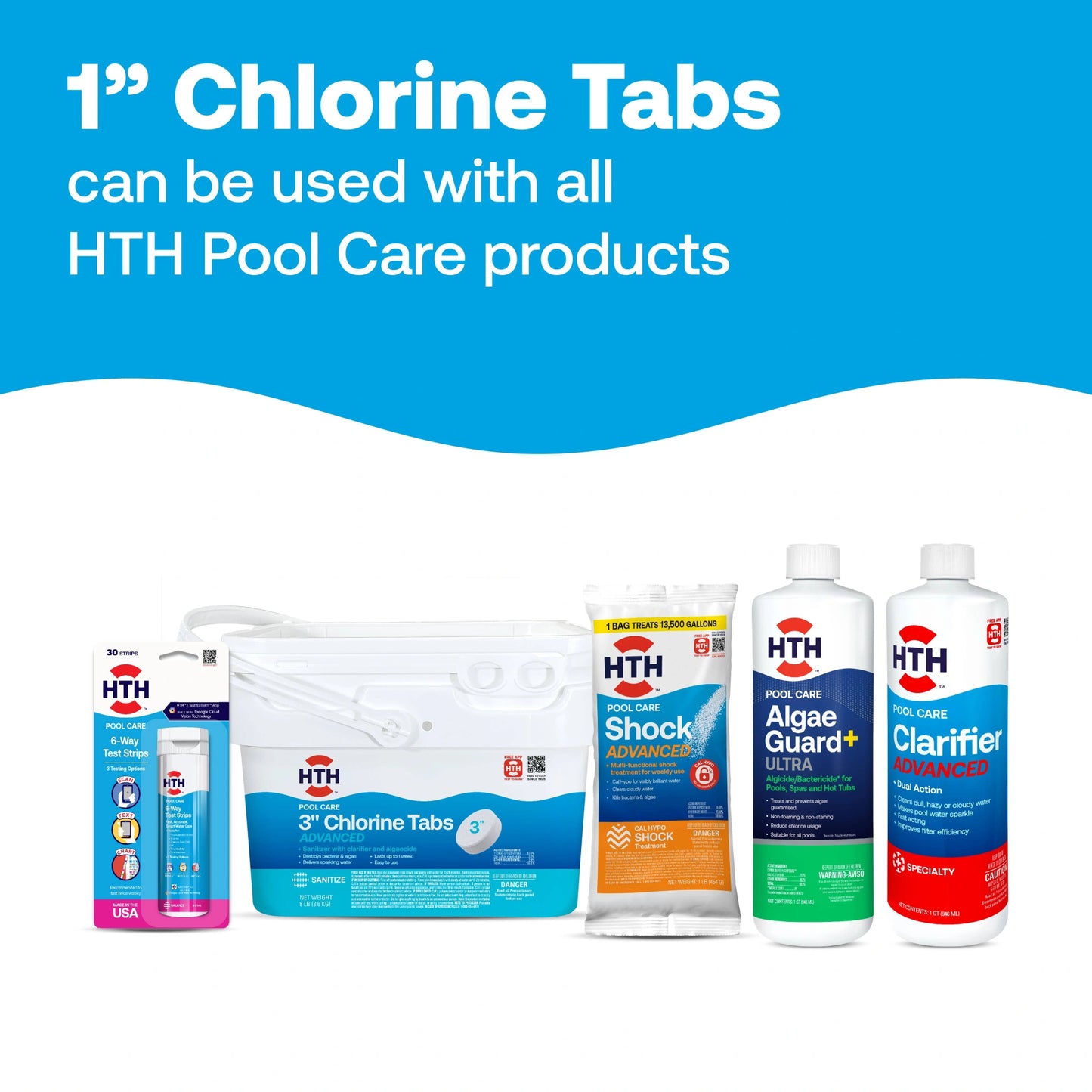1 inch chlorine tablets shown with compatible pool products