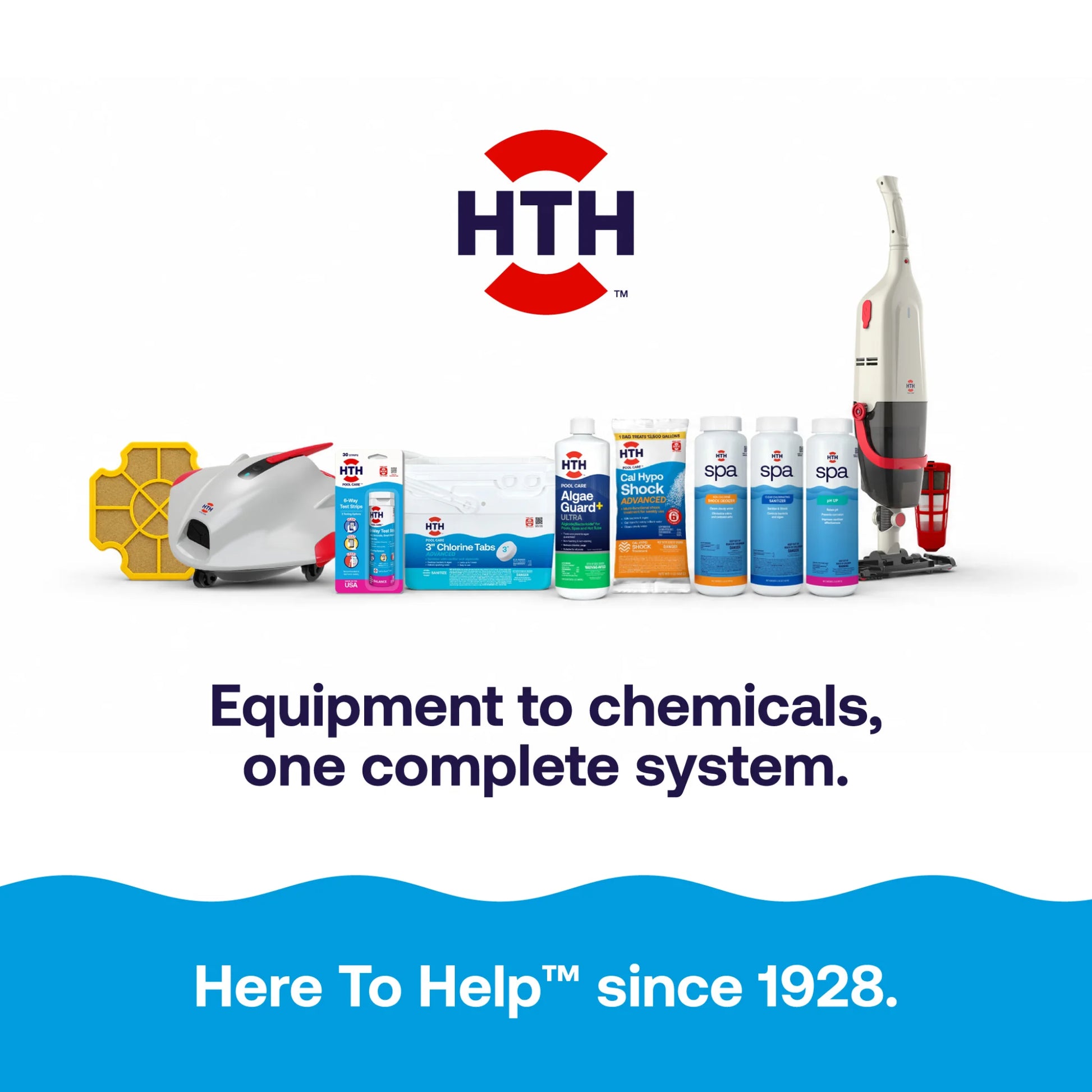 HTH Pool Care system featuring a robotic pool cleaner, pool chemicals, cleaning accessories and pool maintenance equipment.