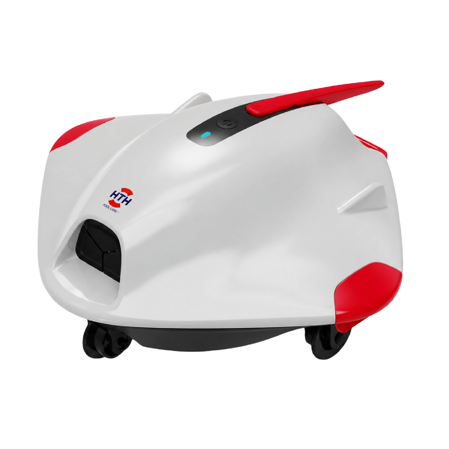 HTH cordless robotic pool cleaner designed for above-ground pools with lightweight compact design and automatic cleaning.