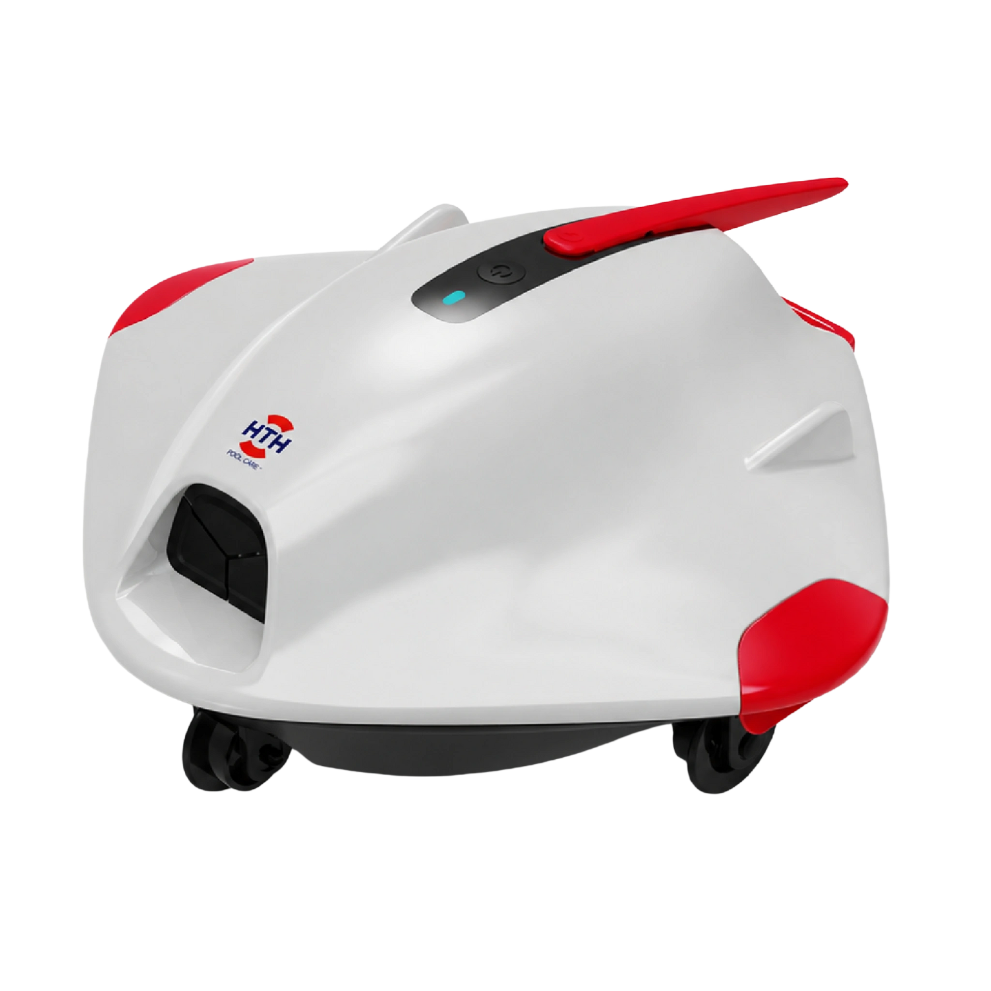 HTH cordless robotic pool cleaner designed for above-ground pools with lightweight compact design and automatic cleaning.