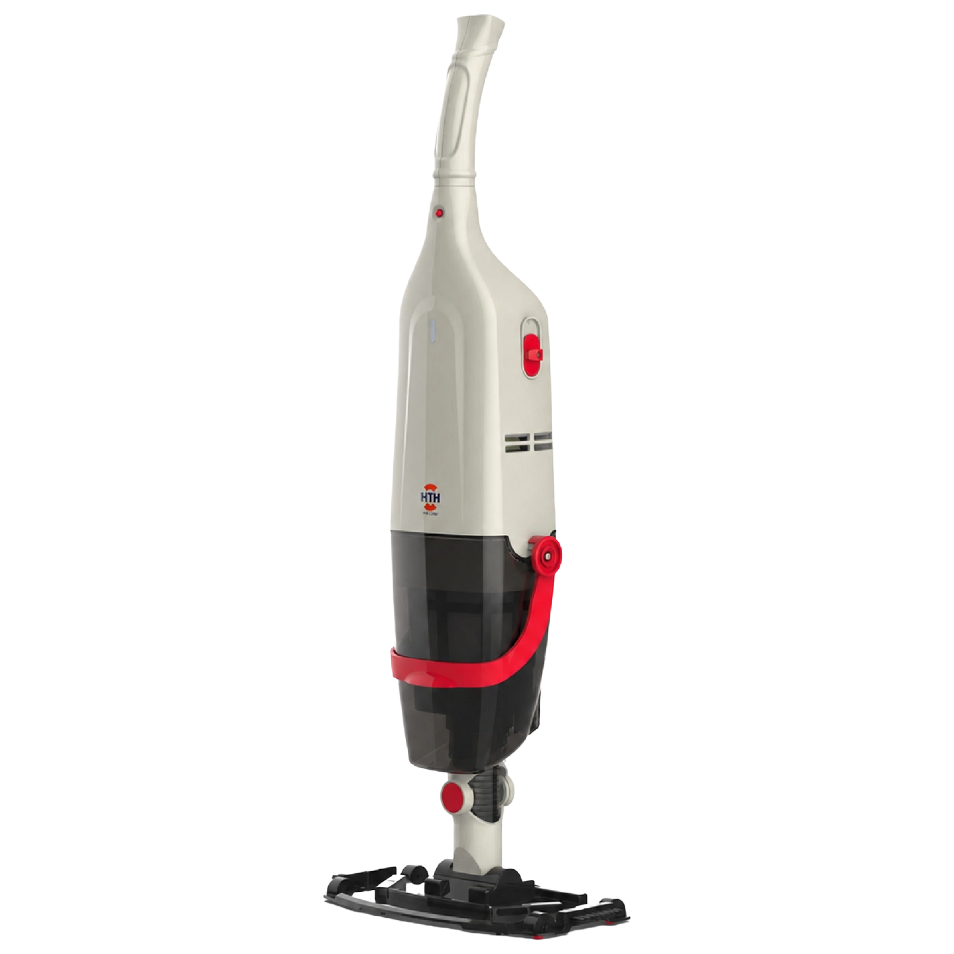 HTH cordless handheld pool and spa vacuum with rechargeable battery, reusable filter and lightweight design for pool and spa cleaning.