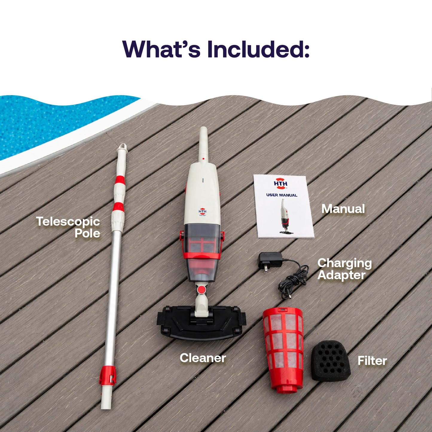 HTH Cordless Handheld Pool & Spa Vacuum package contents including vacuum cleaner, telescopic pole, reusable filter, charging adapter and user manual.