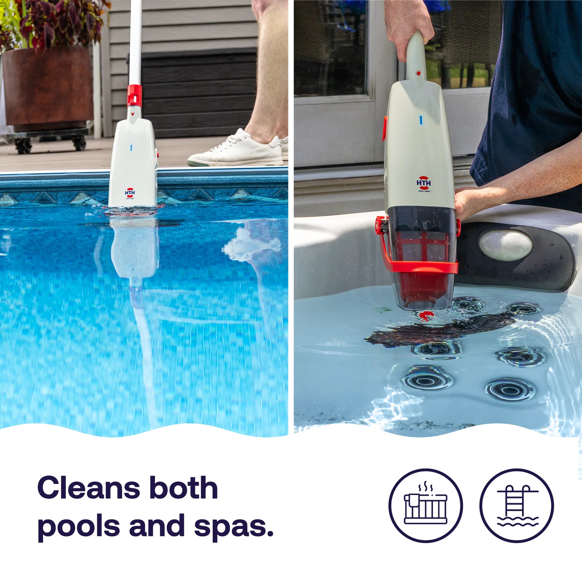 HTH cordless handheld vacuum cleaning both swimming pools and spas with versatile handheld operation.