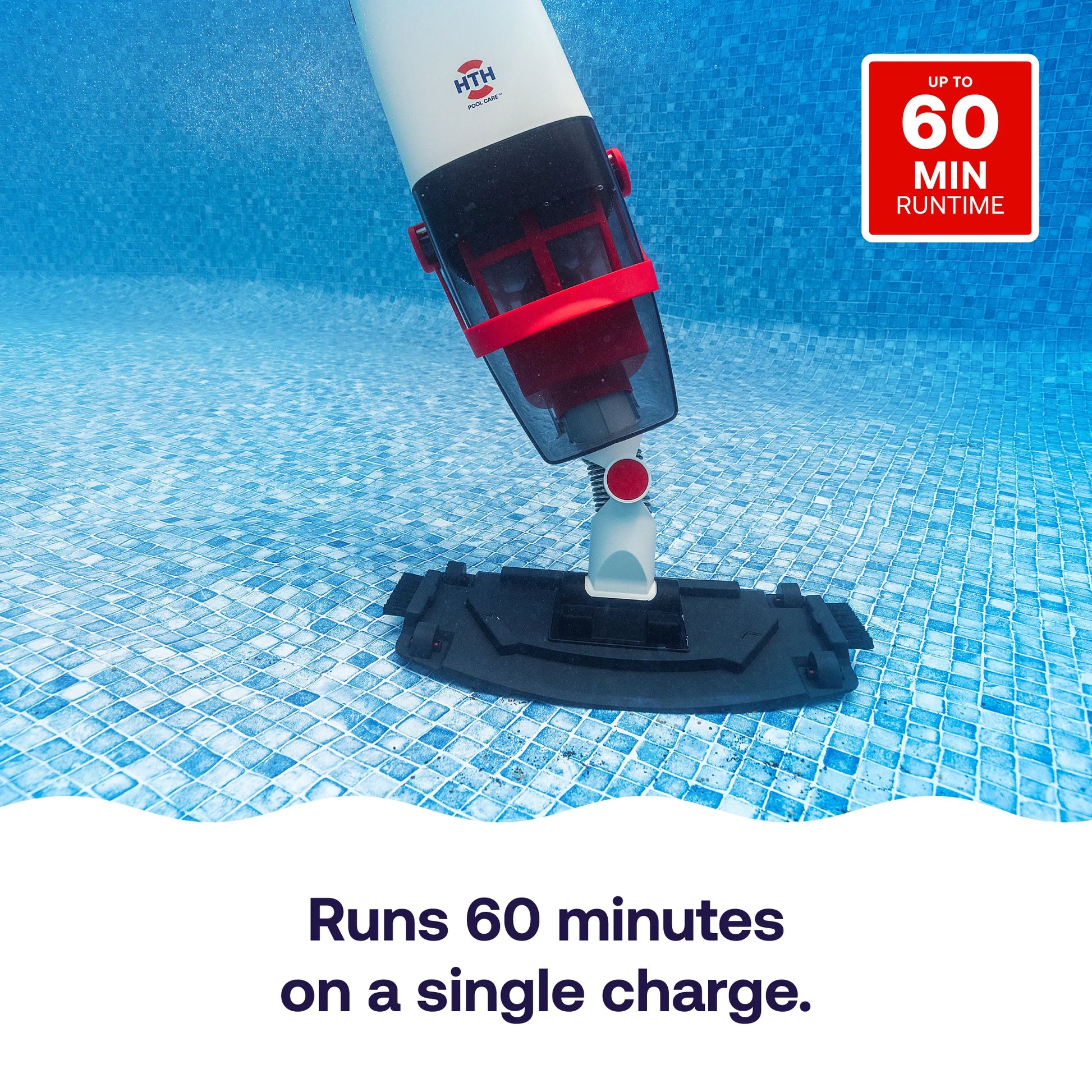 HTH cordless handheld pool vacuum providing up to 60 minutes of runtime on a single battery charge.