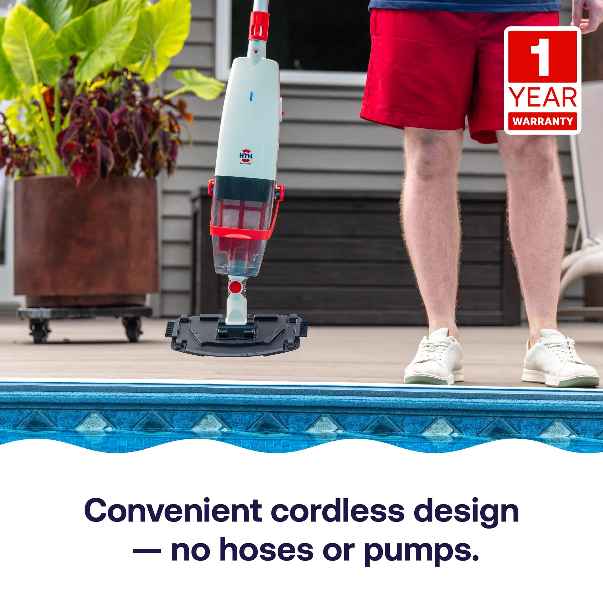 HTH cordless handheld pool vacuum with no hoses or pumps required for convenient pool and spa cleaning.