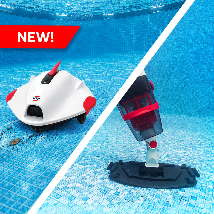HTH robotic pool cleaner and cordless handheld pool vacuum positioned underwater in a swimming pool, illustrating complete pool cleaning equipment for debris removal.