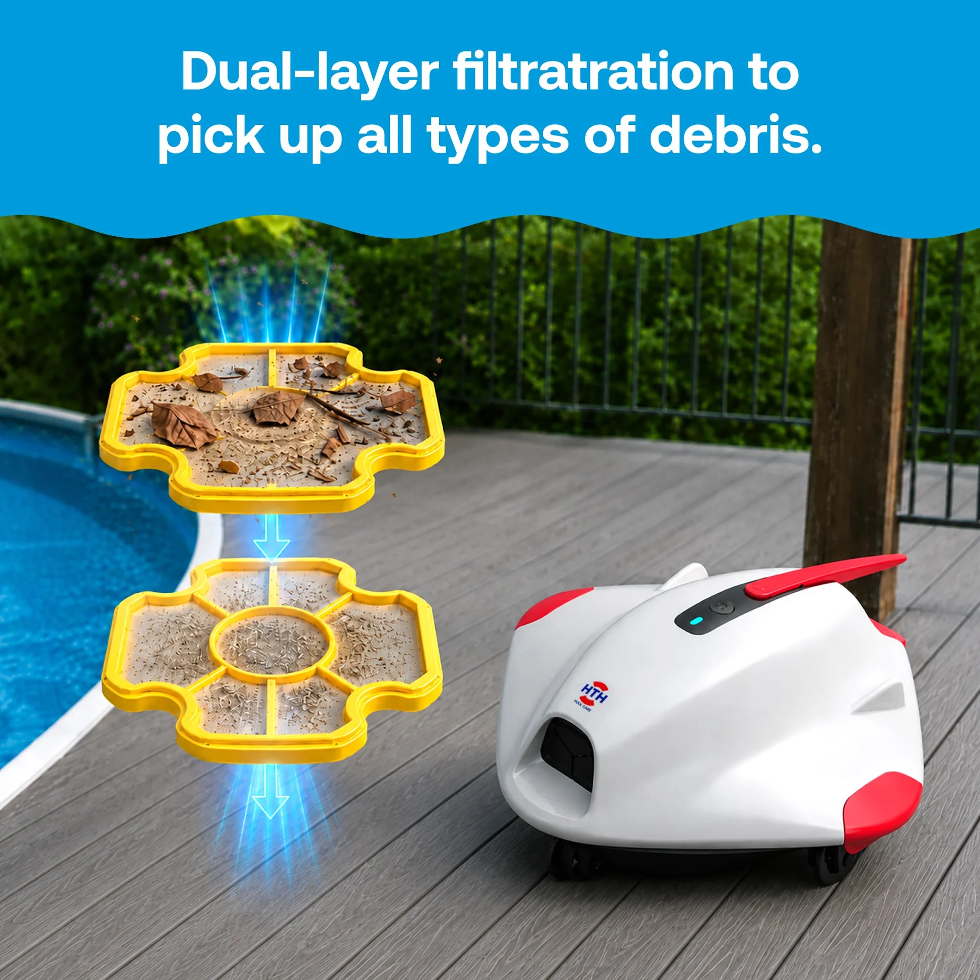 HTH dual-layer robotic pool cleaner filter designed to capture leaves, dirt, sand and fine debris for improved pool cleaning performance.
