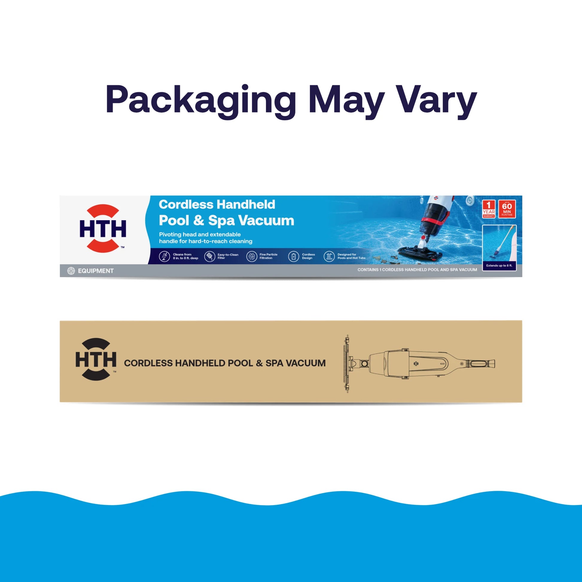 HTH handheld pool and spa vacuum package variation image showing multiple approved packaging designs for the cordless vacuum assembly.
