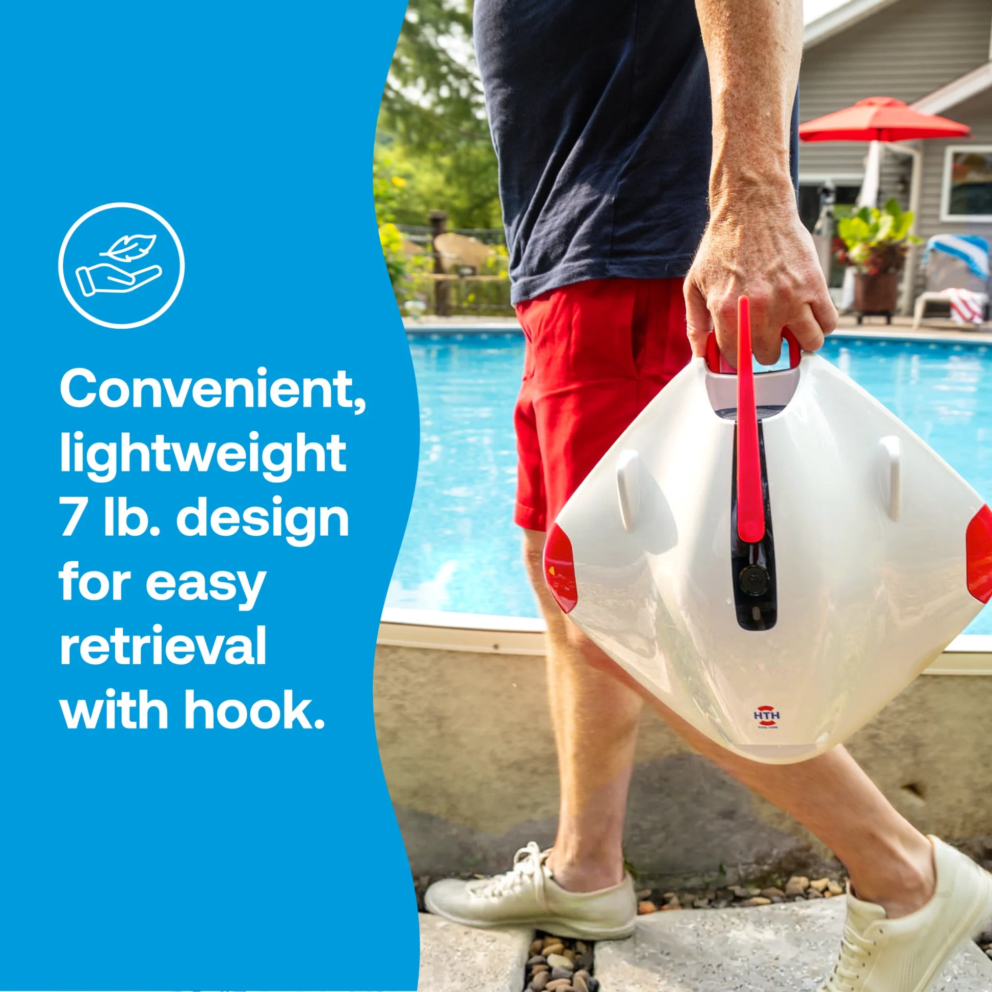 Person carrying the lightweight HTH robotic pool cleaner with integrated retrieval hook for convenient pool maintenance.