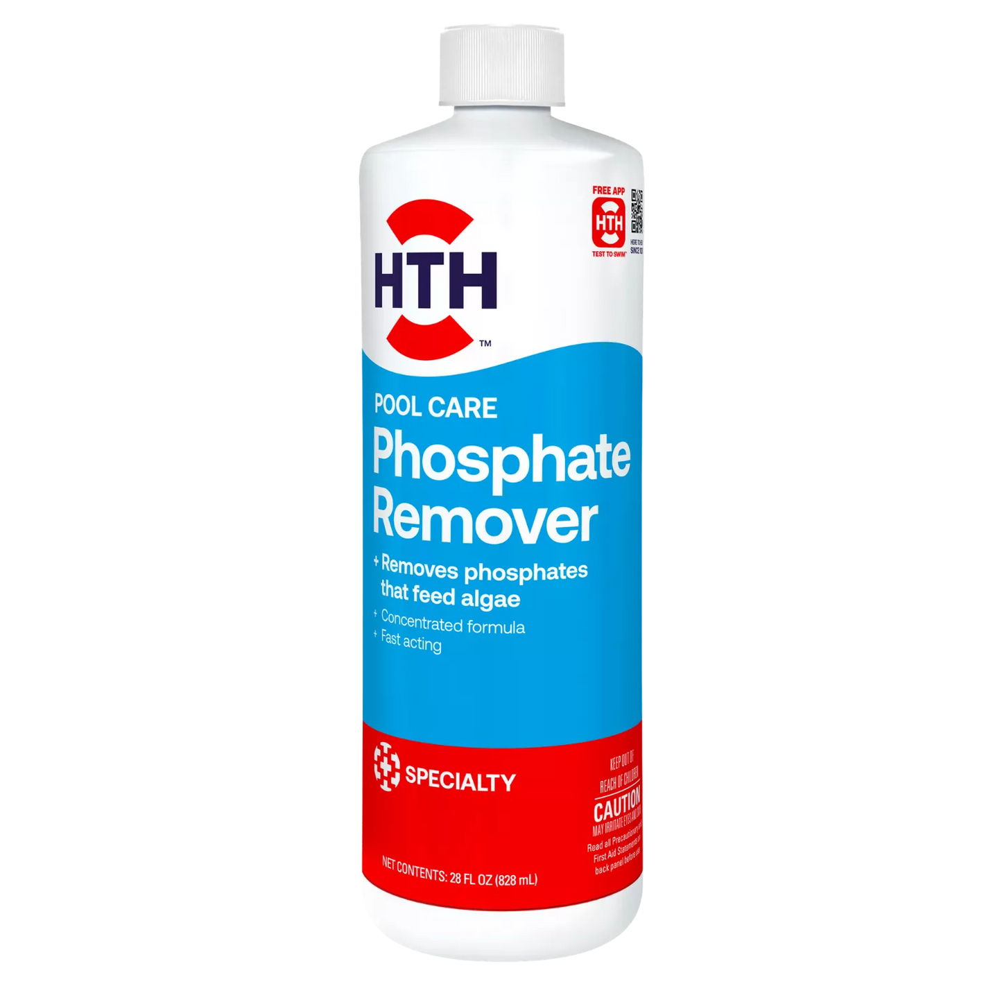 HTH Phosphate Remover 28 fl oz front bottle, concentrated fast-acting formula that removes phosphates that feed algae.