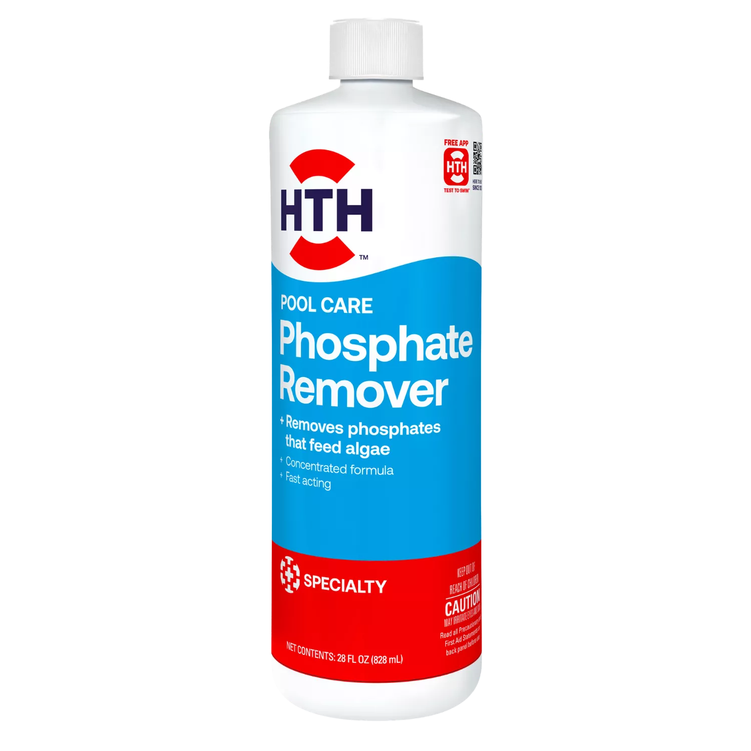 HTH Phosphate Remover 28 fl oz front bottle, concentrated fast-acting formula that removes phosphates that feed algae.