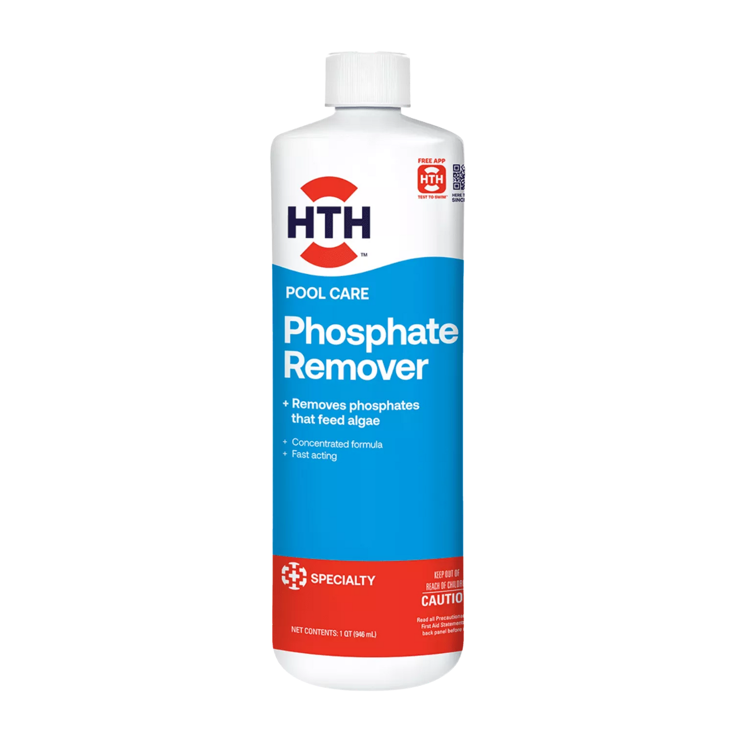 HTH Phosphate Remover 32 fl oz front bottle, concentrated fast-acting specialty treatment to eliminate algae-feeding phosphates.