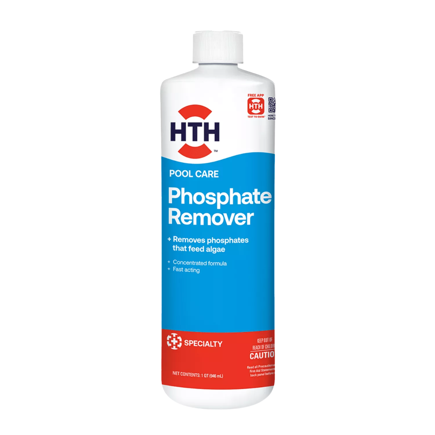 HTH Phosphate Remover 32 fl oz front bottle, concentrated fast-acting specialty treatment to eliminate algae-feeding phosphates.