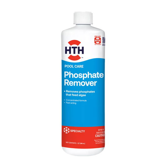HTH Phosphate Remover 32 fl oz front bottle, concentrated fast-acting specialty treatment to eliminate algae-feeding phosphates.