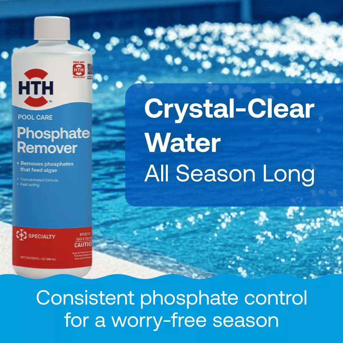 HTH Pool Care promotional banner showing crystal clear water all season long with consistent phosphate control.