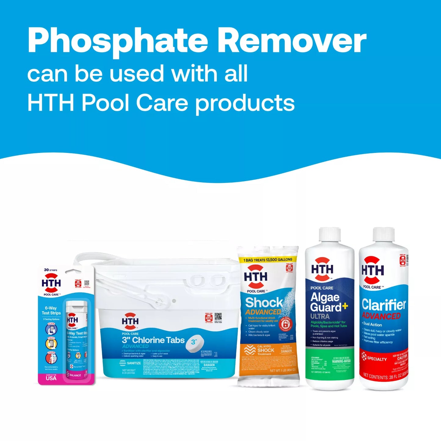 HTH Pool Care Phosphate Remover product group showcasing various compatible pool care items and testing supplies.