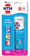 The front packaging of HTH Pool Care 6-Way Test Strips containing 30 strips, highlighting three testing options—scan, text, and chart—and a balance label at the bottom.