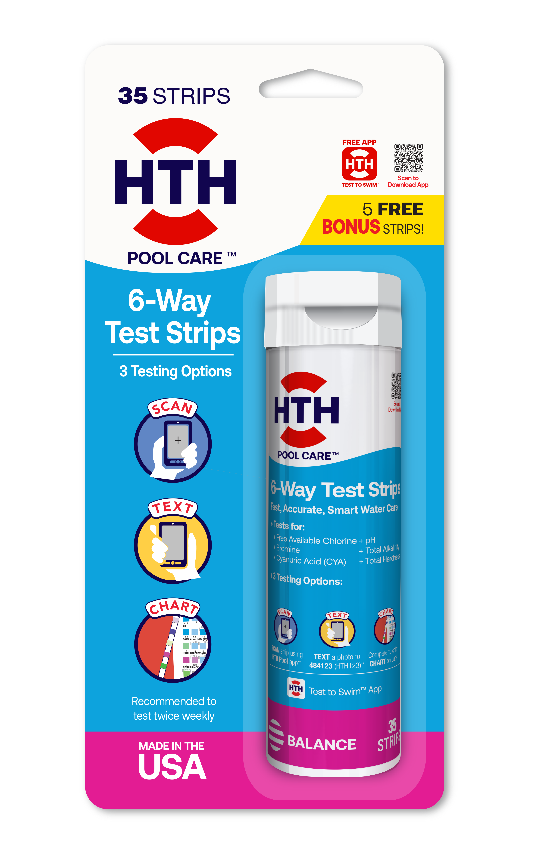 The front packaging of an HTH Pool Care 6-Way Test Strips bonus pack displaying a '35 Strips' total label alongside a yellow banner highlighting '5 Free Bonus Strips!'.