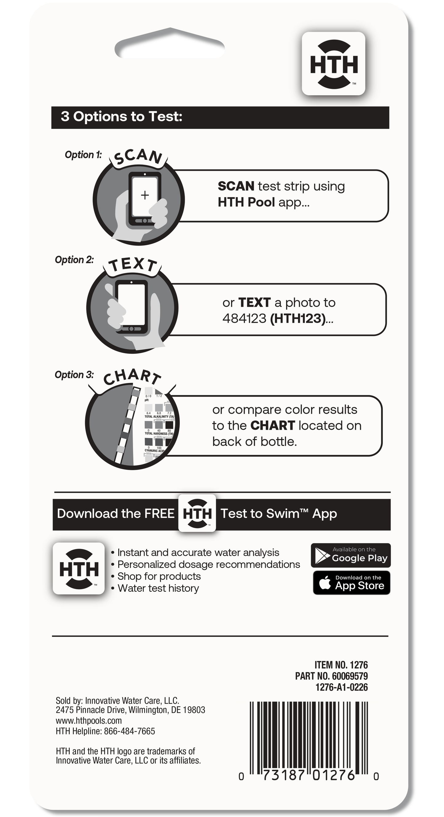 The back packaging of HTH 6-Way Test Strips displaying detailed step-by-step instructions for the scan, text, and chart water testing methods alongside an app store download section.