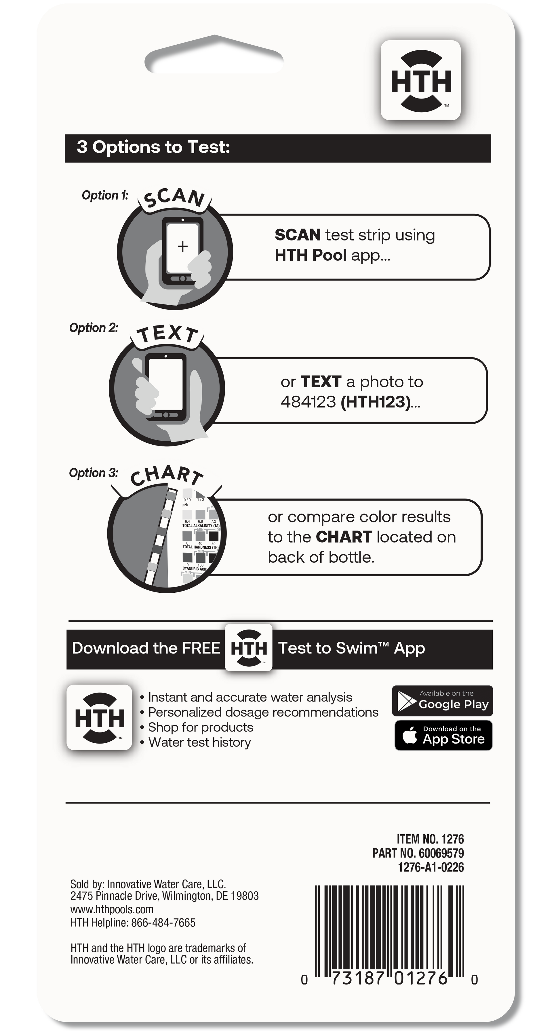 The back packaging of HTH 6-Way Test Strips displaying detailed step-by-step instructions for the scan, text, and chart water testing methods alongside an app store download section.