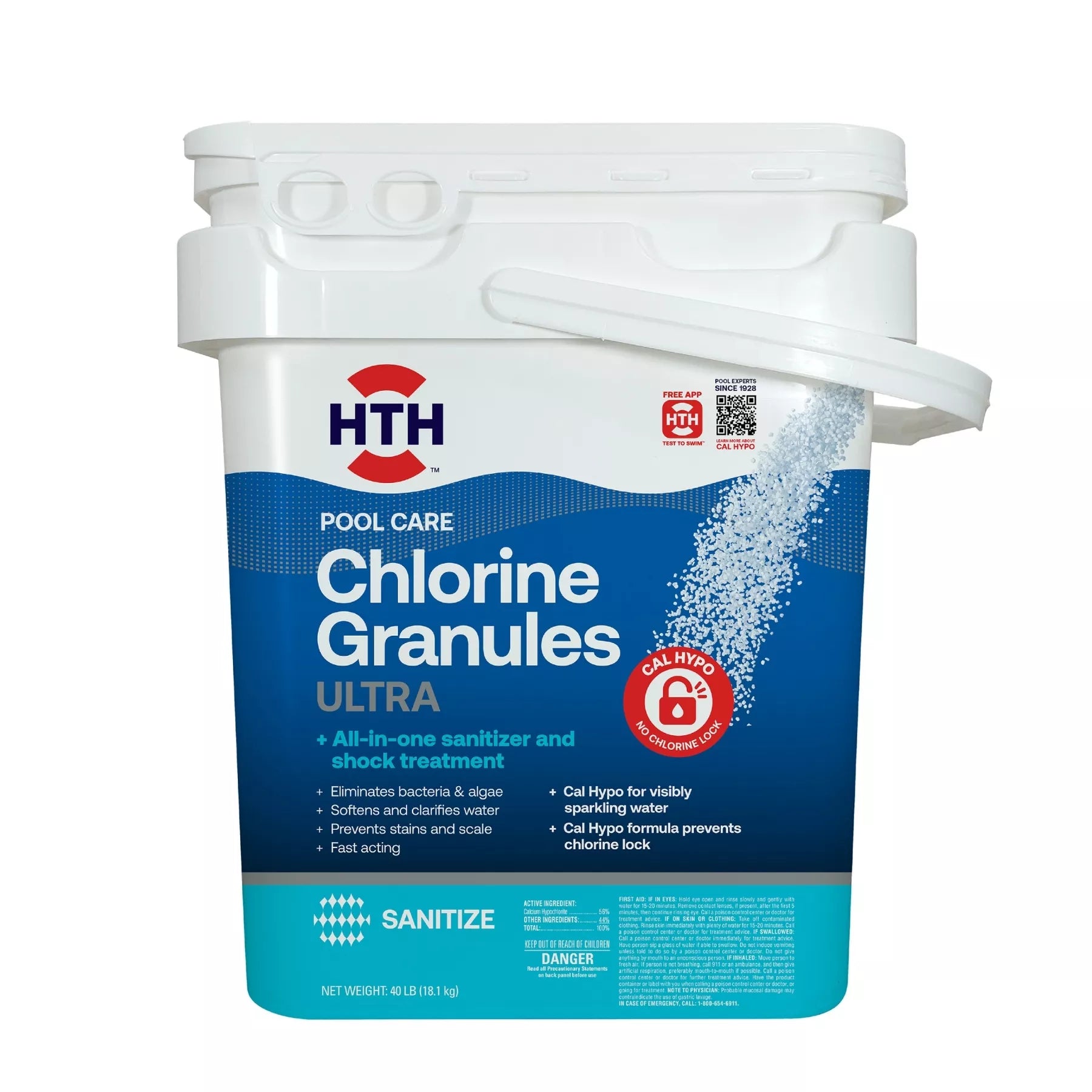 Front view of HTH Pool Care Chlorine Granules Ultra 40 lb bucket, an all-in-one cal hypo pool sanitizer and shock treatment that prevents chlorine lock.
