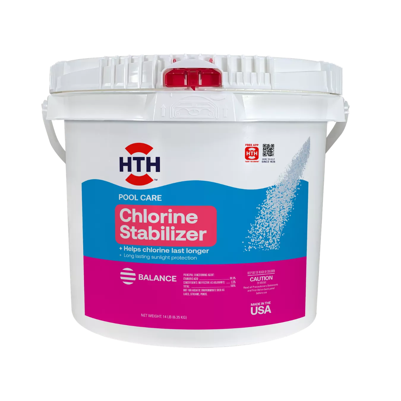 Front view of HTH Pool Care Chlorine Stabilizer 14 lb bucket, highlighting long-lasting sunlight protection for swimming pools.