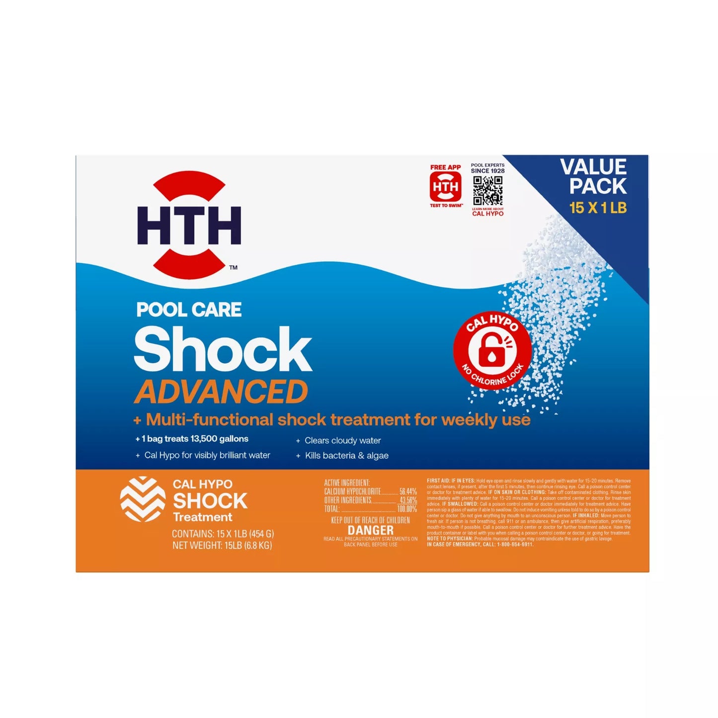 Front packaging of HTH Pool Care Shock Advanced Value Pack containing 15 individual one-pound bags of cal hypo shock treatment to clear cloudy water and kill bacteria.