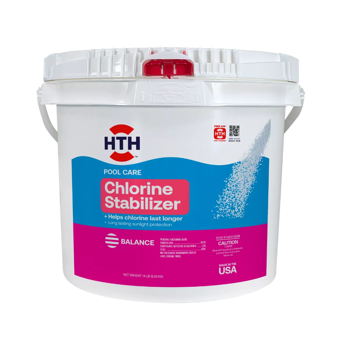 front view of hth pool chlorine stabilizer 14 lb bucket