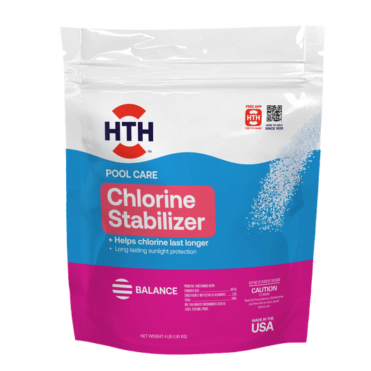 hth pool chlorine stabilizer four pound pouch, front view