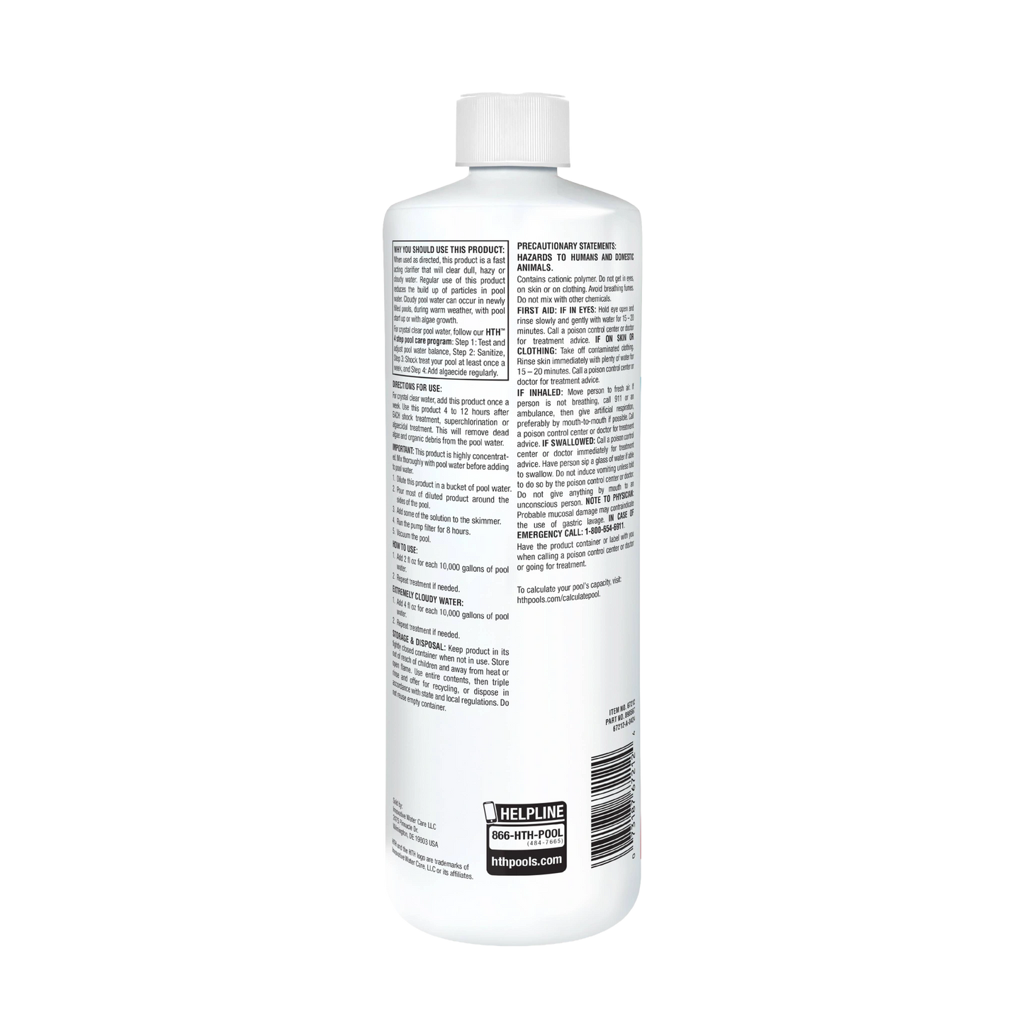 back of hth pool clarifier one quart bottle