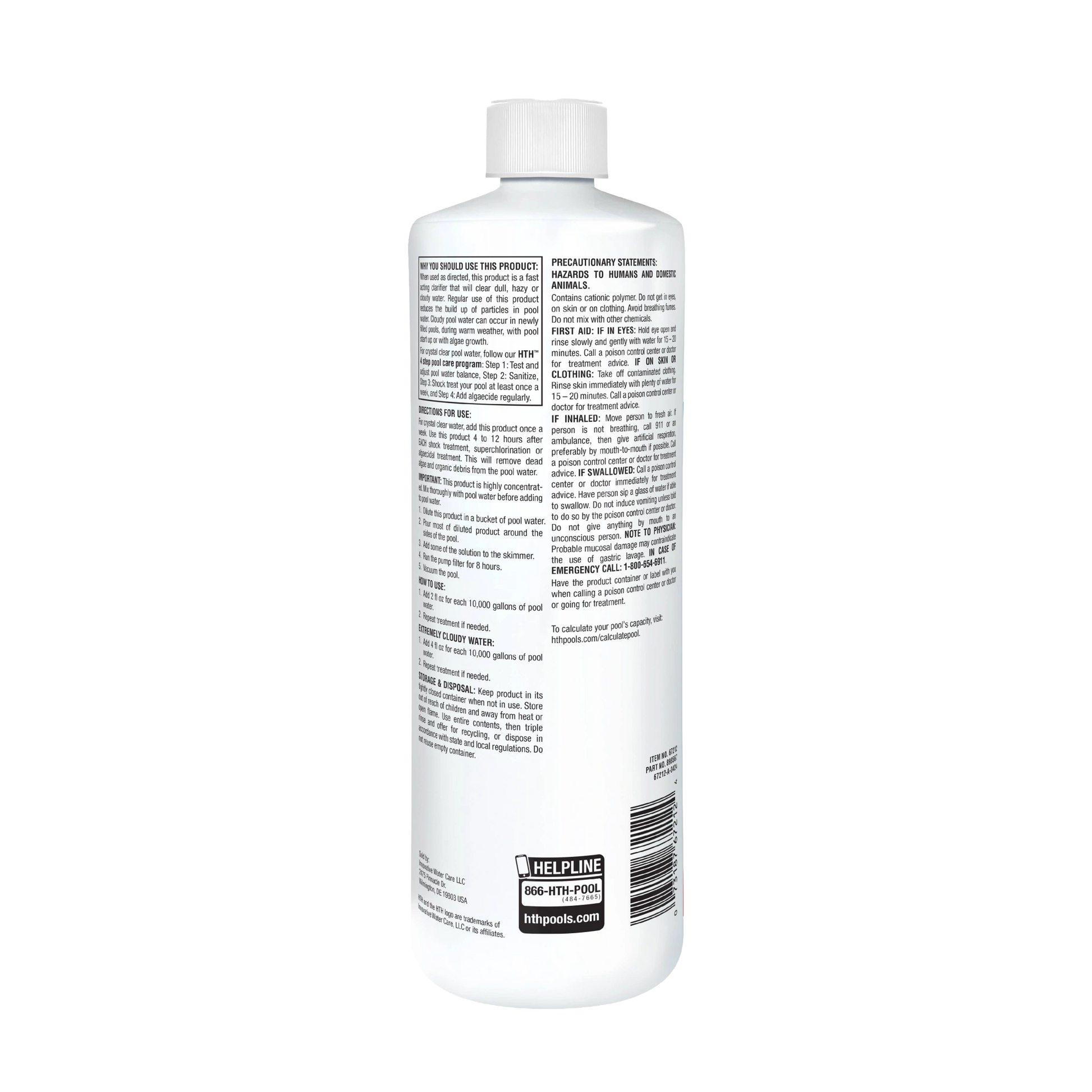 back of hth pool clarifier one quart bottle