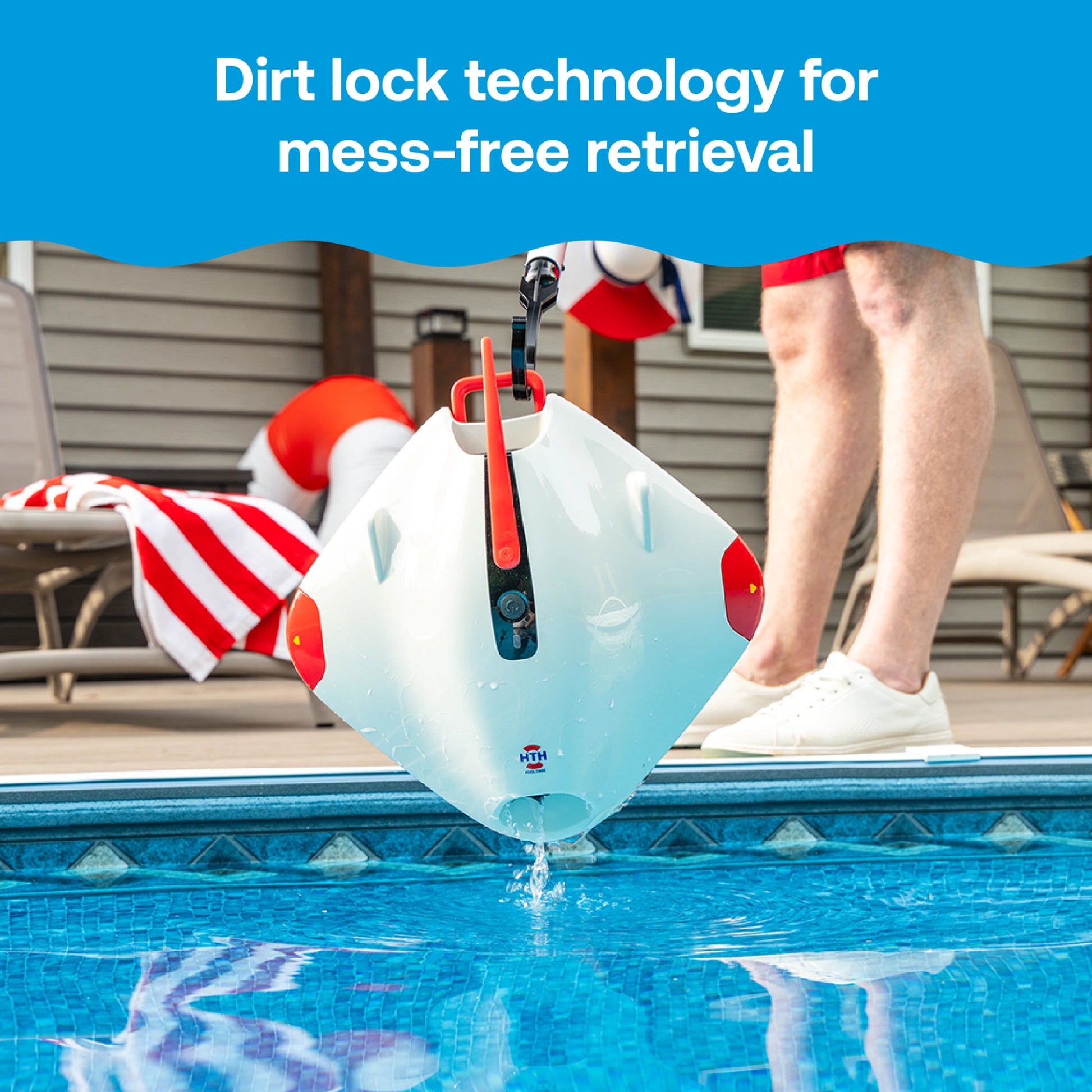 HTH robotic pool cleaner being removed from a swimming pool using dirt lock technology for cleaner debris removal.