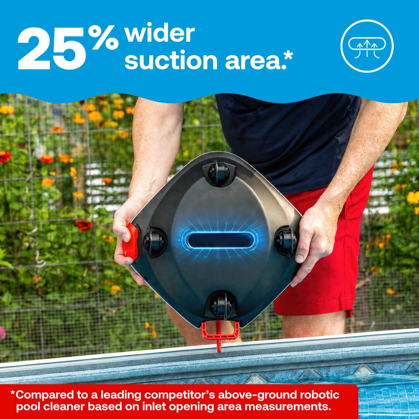 HTH robotic pool cleaner showing wide suction inlet designed to capture larger debris in above-ground pools.