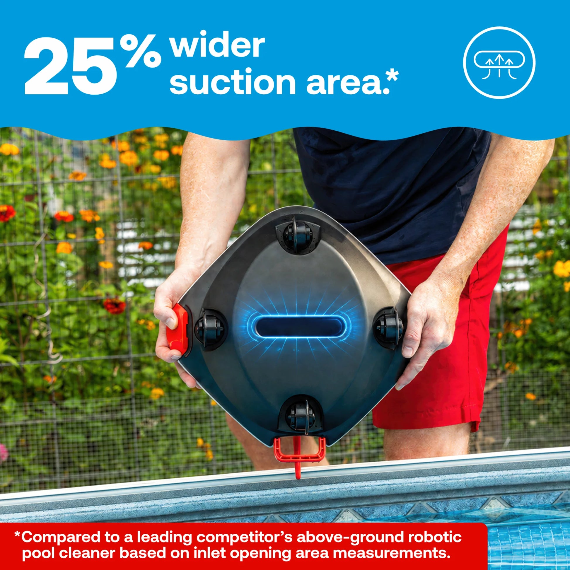 HTH robotic pool cleaner showing wide suction inlet designed to capture larger debris in above-ground pools.