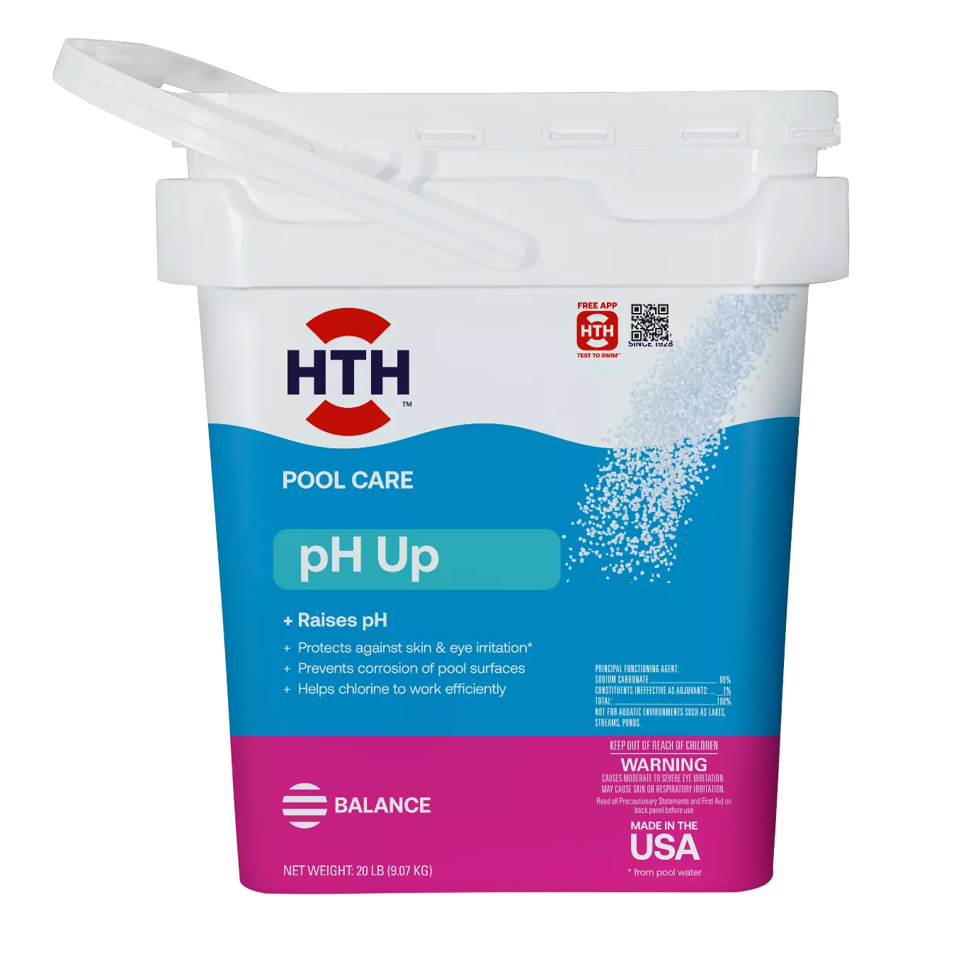 hth pool pH increaser 20 lb bucket, front view