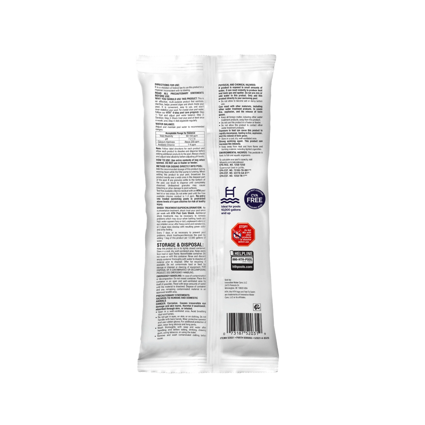 back label of hth cal hypo pool shock package 12x13.3oz