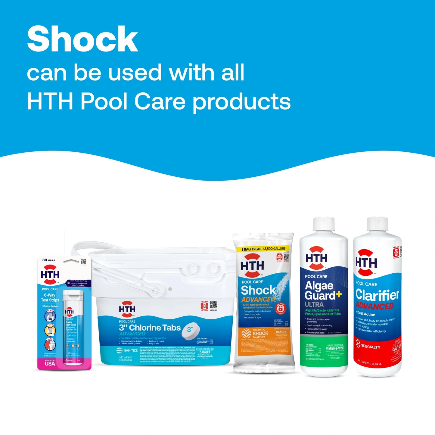 pool shock displayed with compatible hth pool care products