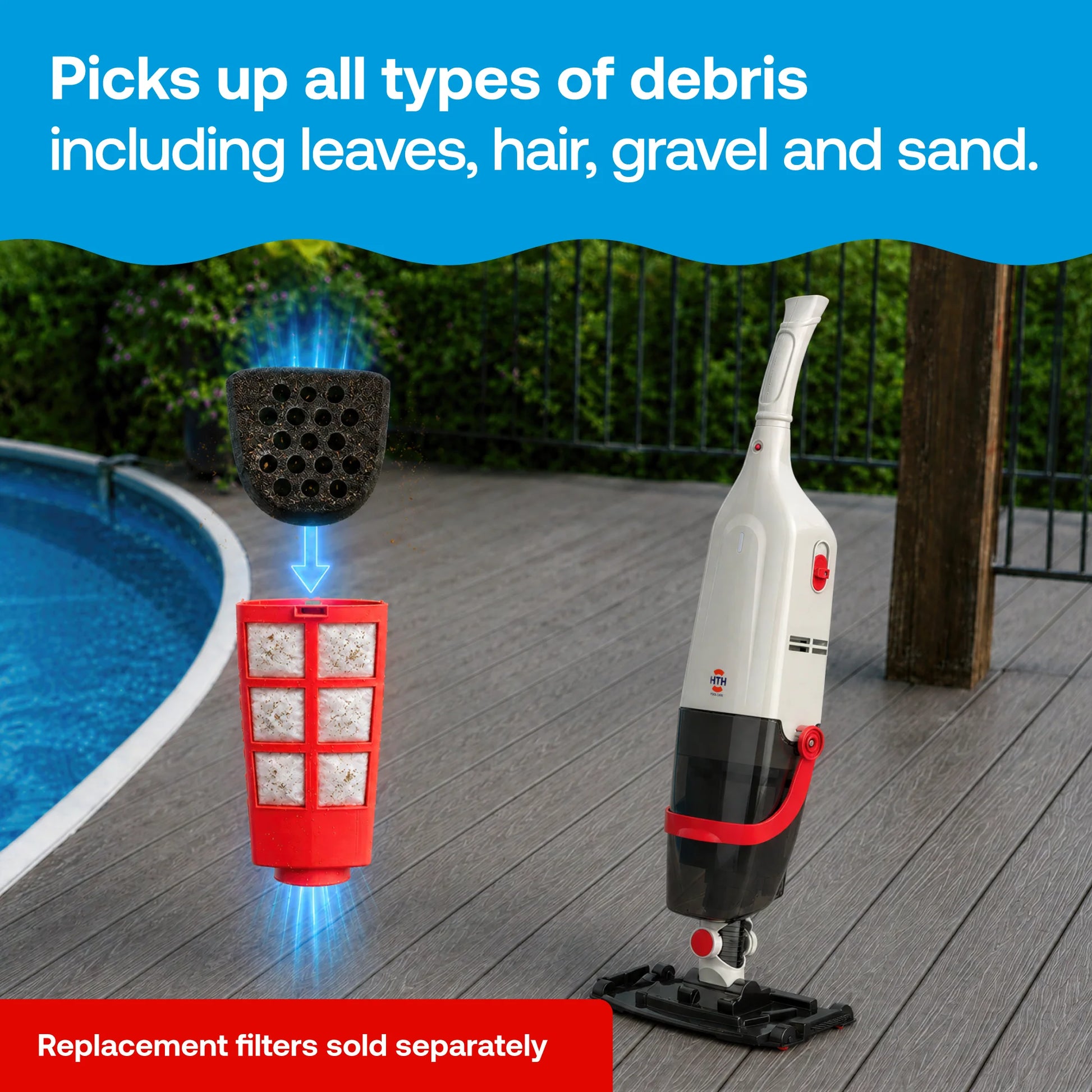 HTH handheld pool and spa vacuum featuring reusable fine particle filtration that captures leaves, hair, sand and debris.