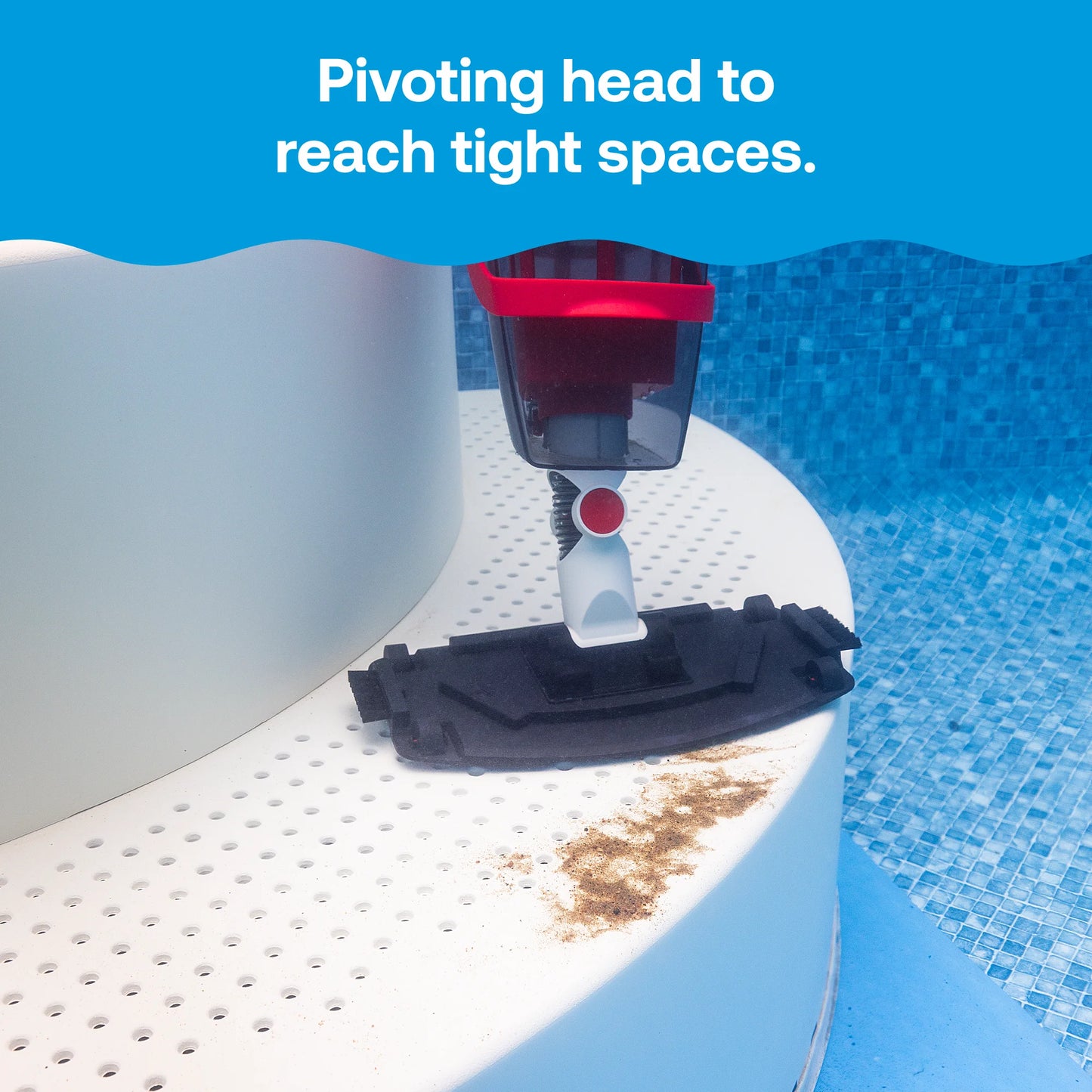 HTH handheld pool and spa vacuum with pivoting vacuum head designed to clean tight spaces, corners and hard-to-reach areas.