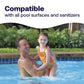 Father and daughter swimming beneath text explaining that HTH™ pool test strips work with all pool surfaces and sanitizer systems, including saltwater pools