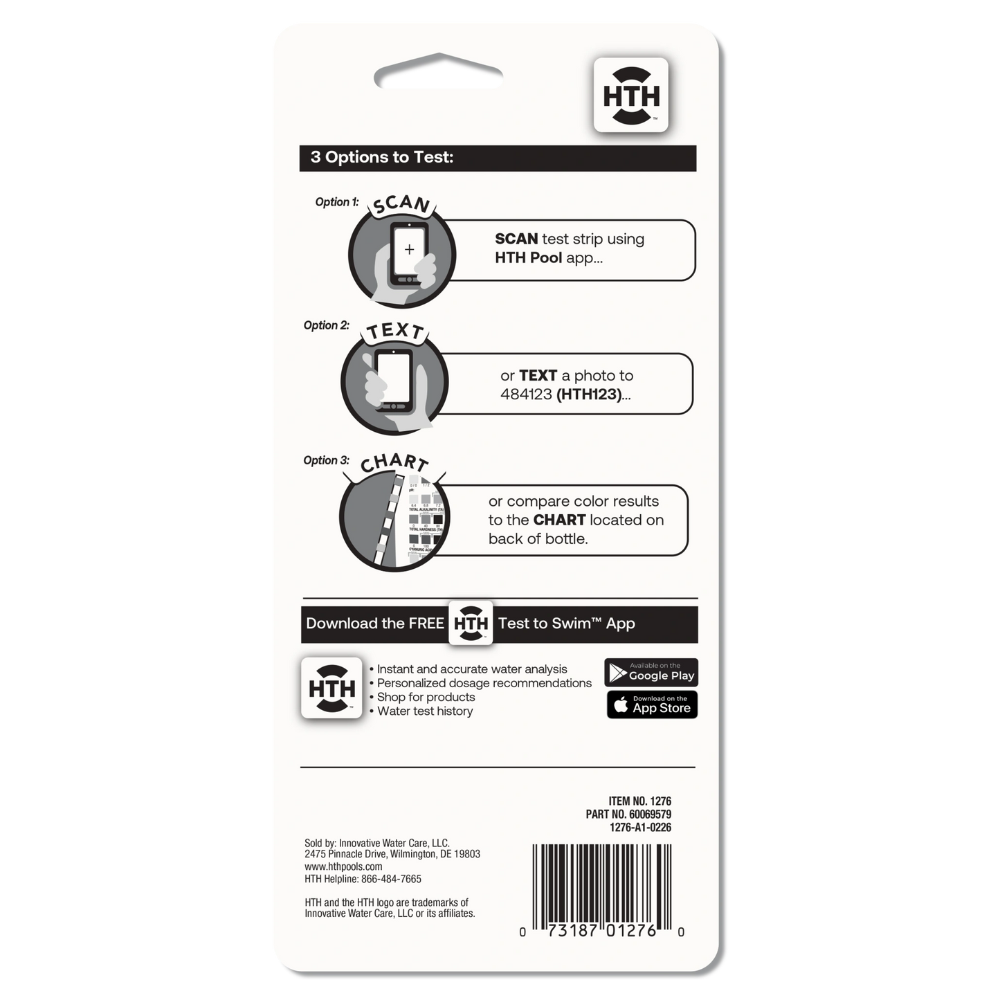 Back of HTH™ 6-Way pool test strips packaging explaining how to read results by app scan, text message or bottle color chart.