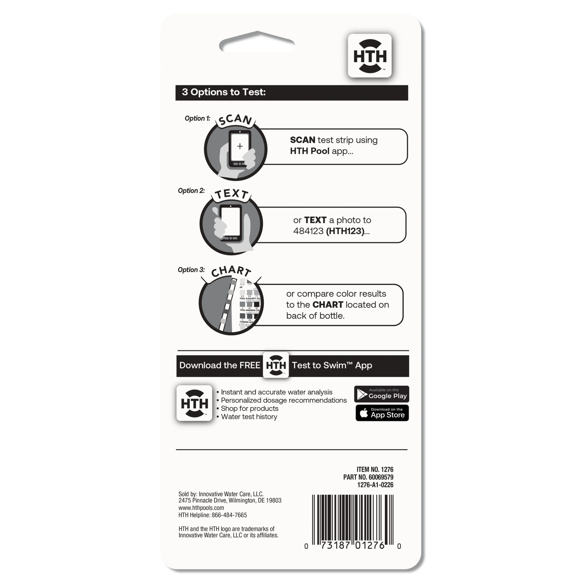 Back of HTH™ 6-Way pool test strips packaging explaining how to read results by app scan, text message or bottle color chart.