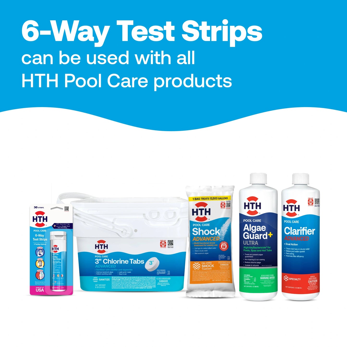 HTH™ 6-Way pool test strips shown with HTH™ chlorine tablets, pool shock, algaecide and clarifier as compatible pool-care products