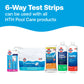 HTH™ 6-Way pool test strips shown with HTH™ chlorine tablets, pool shock, algaecide and clarifier as compatible pool-care products