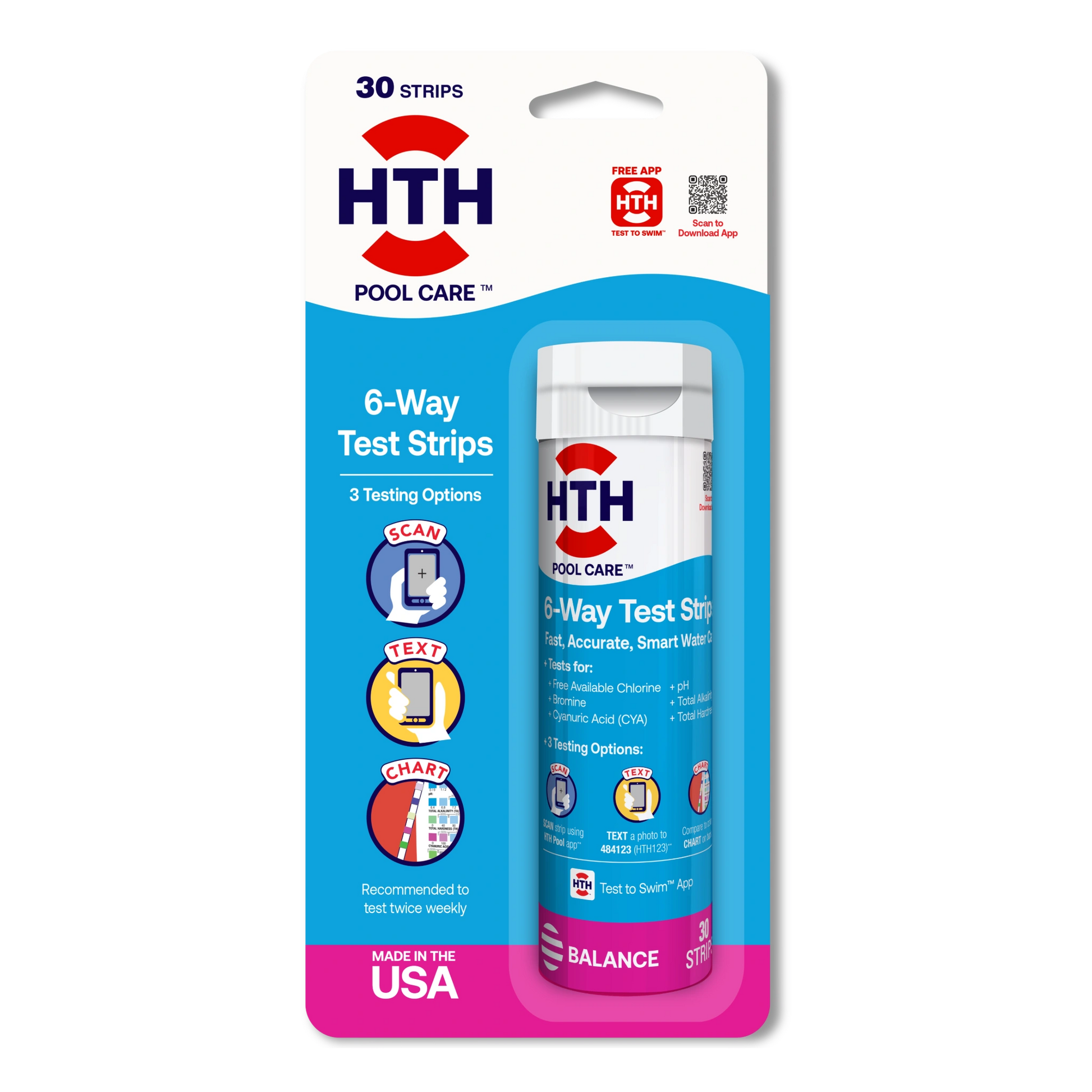 Front of HTH™ Pool Care 6-Way pool test strips in a 30-count package with a bottle and three options for reading results.